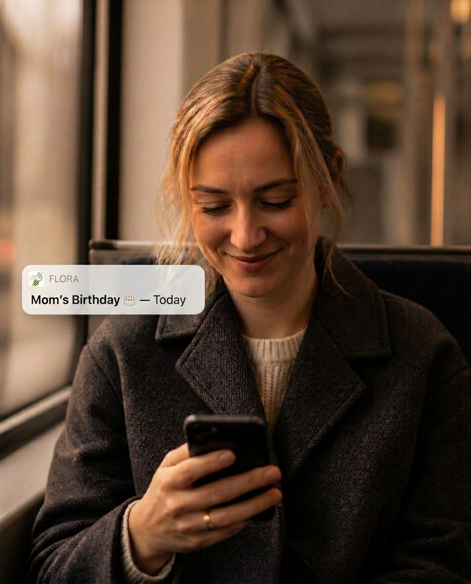 A young woman on her commute smiling at a phone notification reading Mom's Birthday today